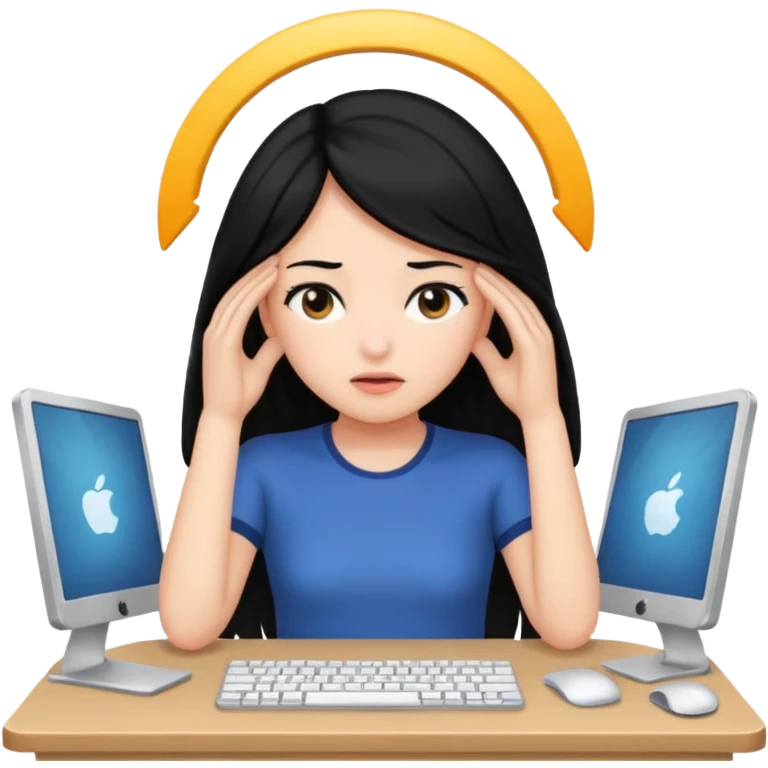 A girl is in front of a computer and is holding her head.The one with black hair emoji