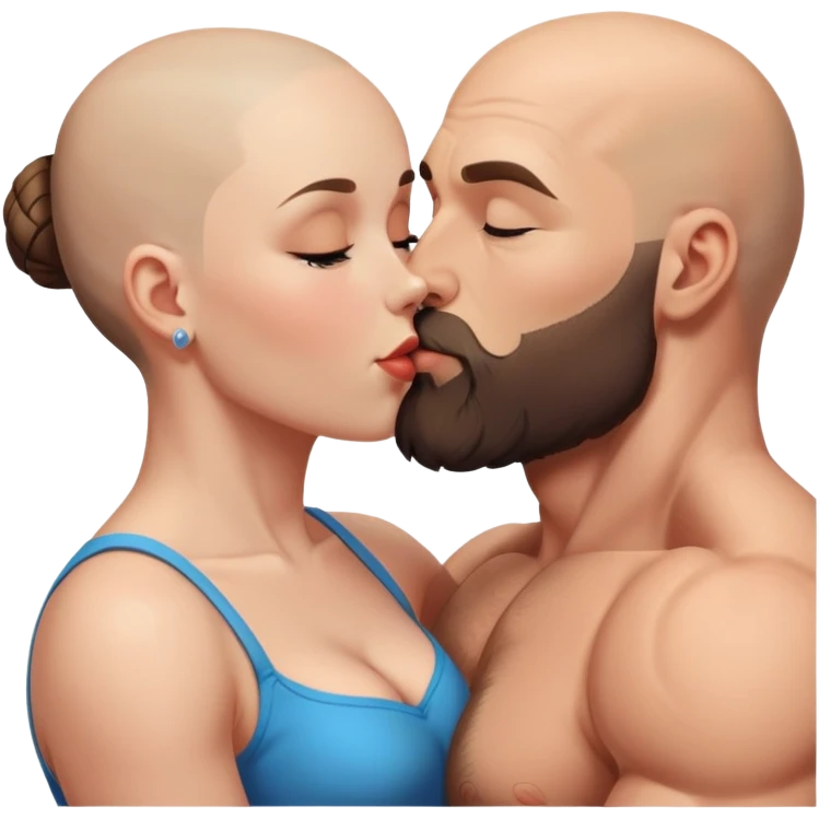 Muscular Bald man with a beard passionately kissing his young brunette wife  emoji