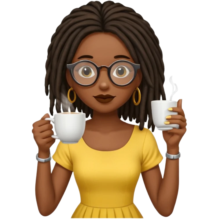 darker skin female with dark dreadlock hair wearing large round glasses sipping a cup of tea with her pinky out emoji