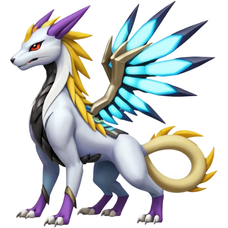 Colorful Futuristic Meloetta-Manectric-Solgaleo-Raikou-Wargreymon-Sergal-Pokémon-Digimon-Fakémon-fusion-hybrid-creature emoji