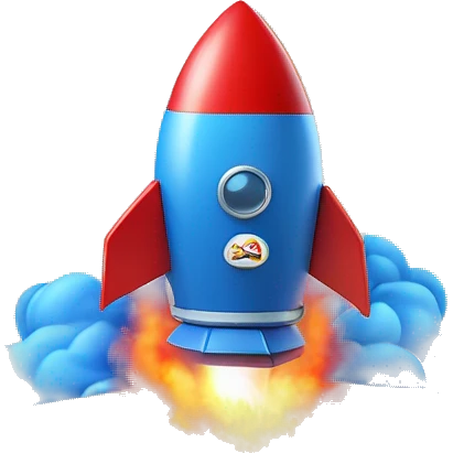 A blue and red rocket ship launching out of a cardboard box, with smoke and flames coming from the rocket's engines emoji
