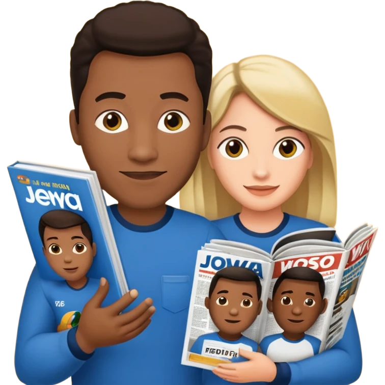 Duas Testemunha de jeová pregando com um display de revistas com JW na frente emoji