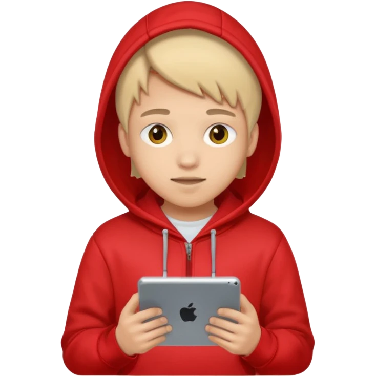 Teen gaming on tablet, red hoodie emoji
