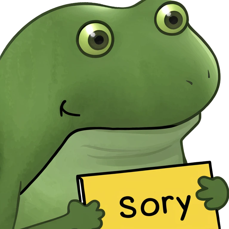 peepo frog with a sad face, holding a 'sorry' sign emoji
