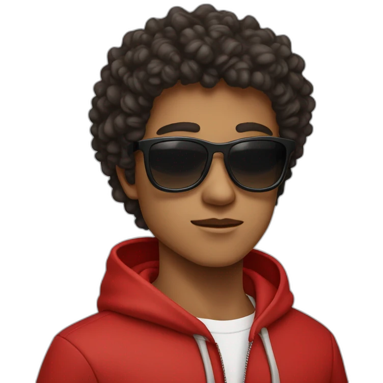 Square-jawed boy with curly hair and a degrade, wearing black sunglasses and a red hoodie. emoji