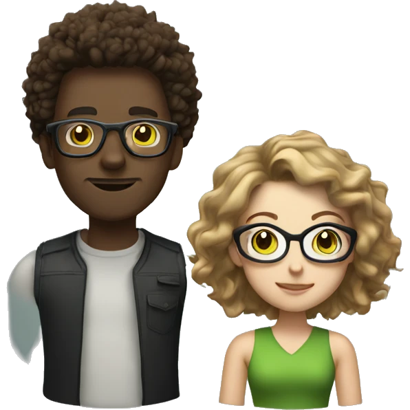 black male with spikey hair and glasses and white female with brown wavy hair , green eyes and glasses emoji