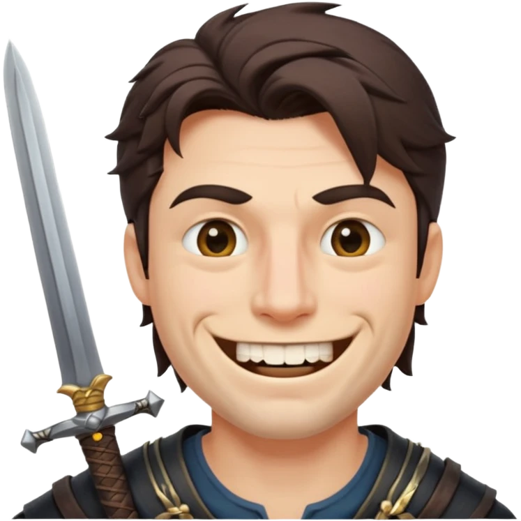 Haz que tenga una sonrisa epica una cicatriz en el ojo serrado y una espada entre los dientes y dos más a cada lado. emoji