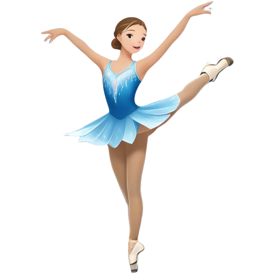 An icon showing a graceful figure skater performing a spin on the ice in a grand ice palace. The rink is illuminated by soft light beams, with cheering spectators in the stands. Snowflakes gently fall, adding to the magical atmosphere. Transparent background highlights elegance and artistry. emoji