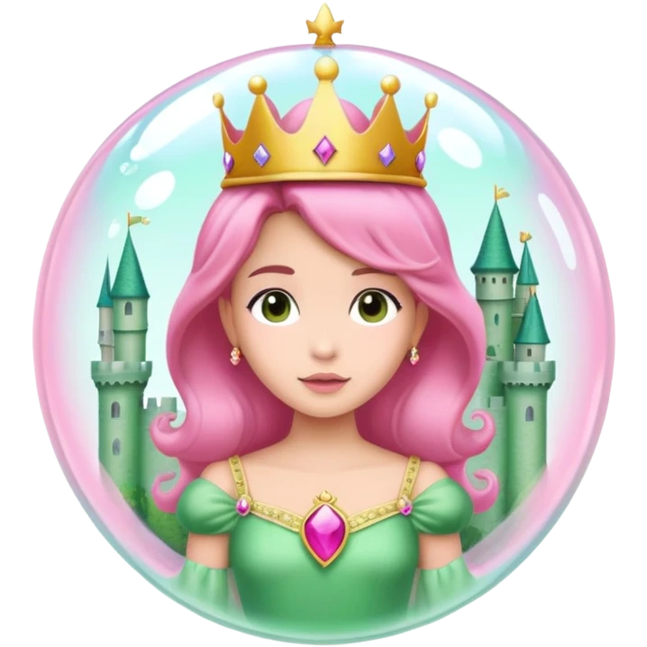 Princesa, con vestido rosa y una corona en una burbuja en un castillo verde emoji