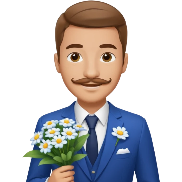 Homme 23 ans léger bouc moustache en costume bleu chemise blanche insigne cabin crew portant bouquet fleur blanche souriant  emoji