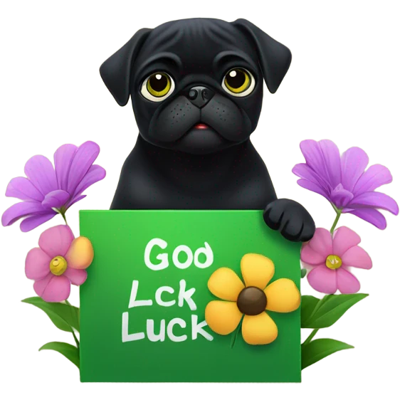 Black pug , surrounded by flowers, holding a green sign that says “good luck”  emoji