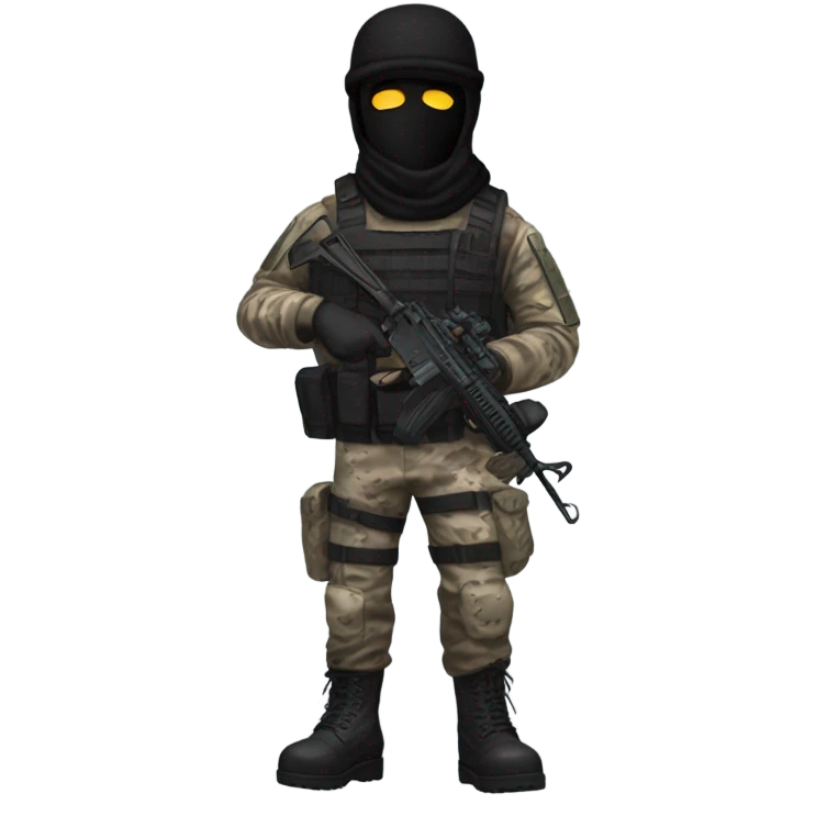 male, pale skin, call of duty black face mask, camo tactical gear, combat boots, black beanie, blue eyes emoji