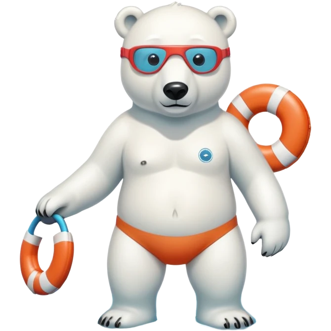 full body friendly anthropomorphised polar bear wearing swim shorts and swim goggles, standing in water, holding a life buoy emoji