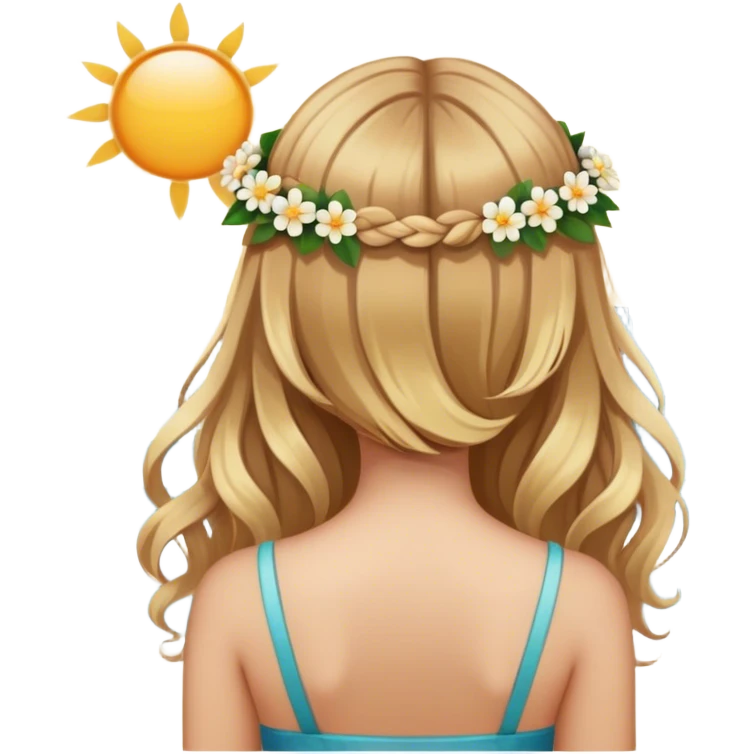 Beautiful girl facing away from us with brown and blonde hair with flowers in looking at the sun in the ocean emoji