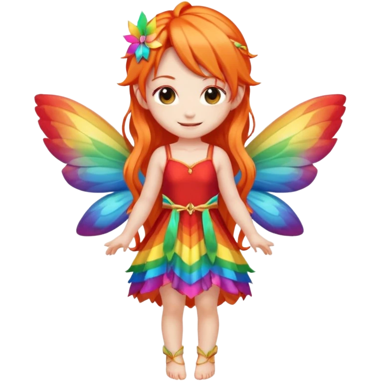 fairy with long orange hair, rainbow wings, red dress, happy, chibi full body emoji