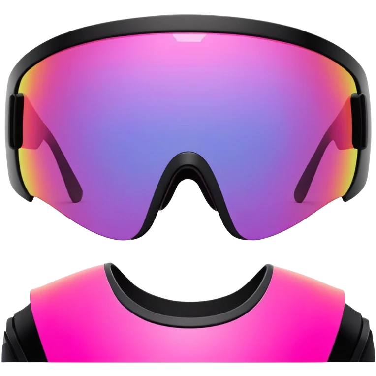 sporty neon pink shield visor sunglasses with thick black frame and integrated elastic strap, oversized one-piece mirrored lens, extremely durable design emoji
