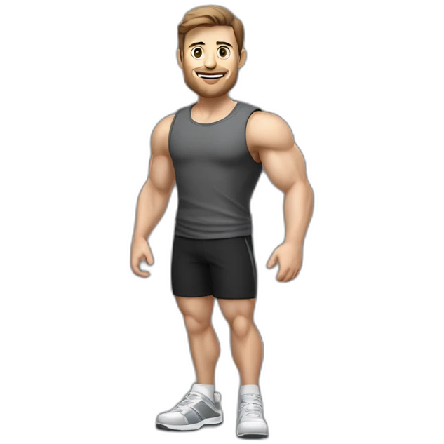 Full height realistic Actively gesturing with hands Pale skinned Fit Man With the biceps and brown hair in dark gray Sleeveless Mike, black oversize sports shorts, watch and white Sneakers emoji