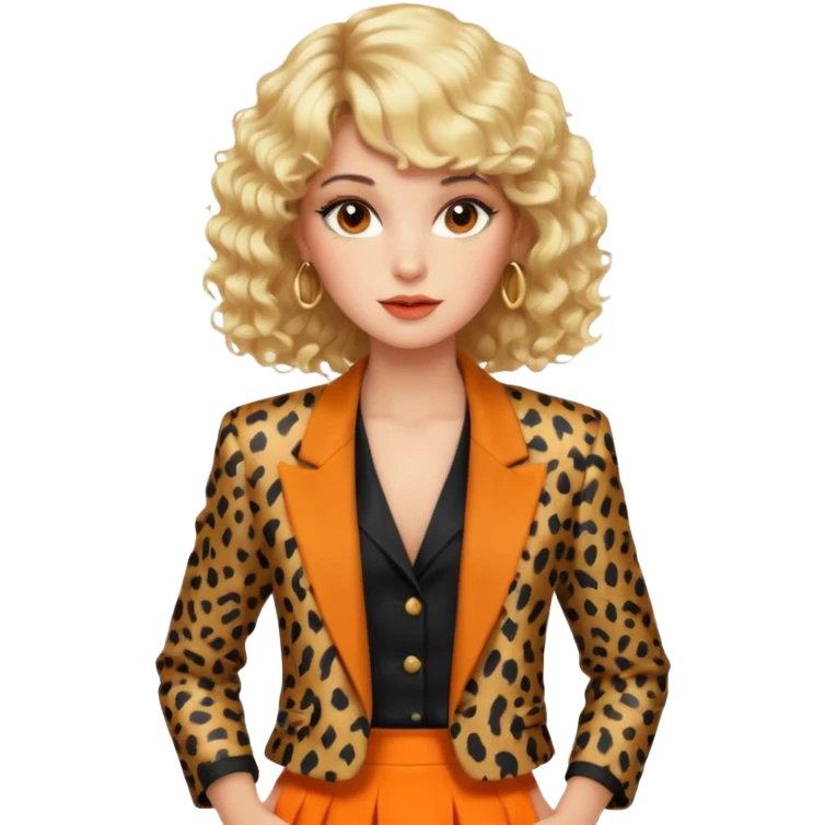 Blonde woman with an 80s-style hairstyle, with curls and bangs, animal print blazer, black top and orange skirt, all very 80s style, brown eyes, 80s makeup emoji