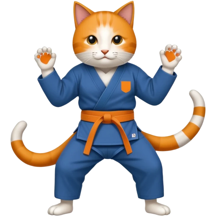 Katze im Judoanzug mit schwarzem Gürtel beim Kämpfen mit ausgestrecktem Bein emoji