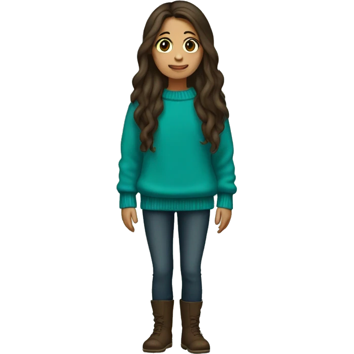 winter, christmas, hispanic, long brown hair, girl, brown eyes, child, full body, teal sweater emoji