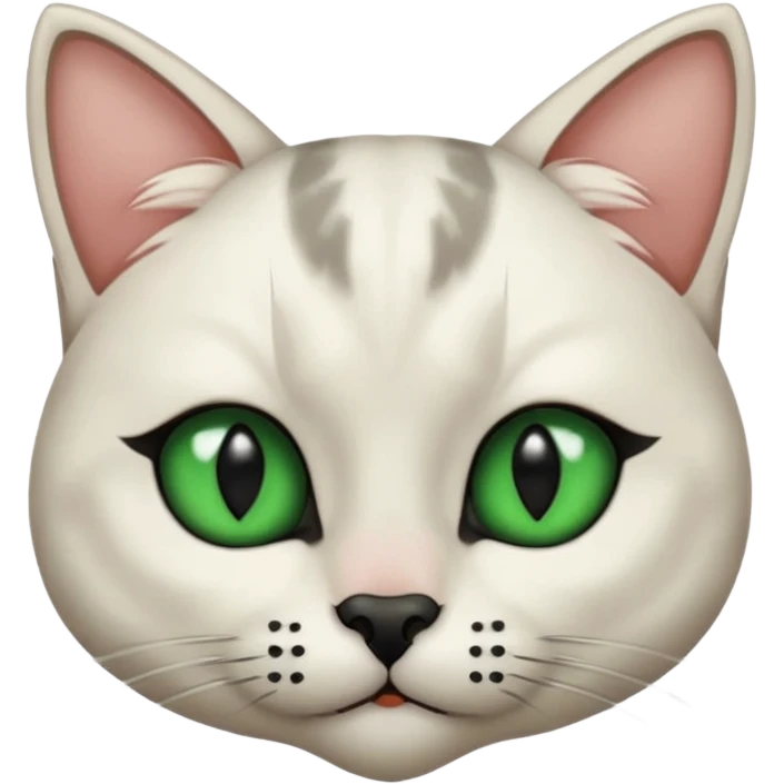 Haz una gata de ojos verdes la cara blanca con mancha negra en las orejas que agarra parte de la frente del lado der pero del iz va desde el ojo hasta la oreja la mancha, tiene la nariz negra en forma de corazón y todo lo que sobra de la cara, barbilla la nariz arriba y el lado de bigotes es blanca emoji