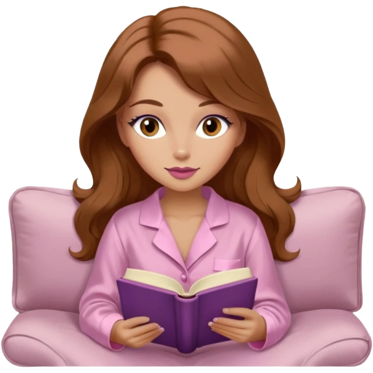 Woman with light tanned skin reading a book on Beige sofa. Long wavy medium brown hair. Beige ivory colour background. Very pale pink silk pyjamas. Realistic. Foxeye with long lashes. Pinky mauve lips. emoji