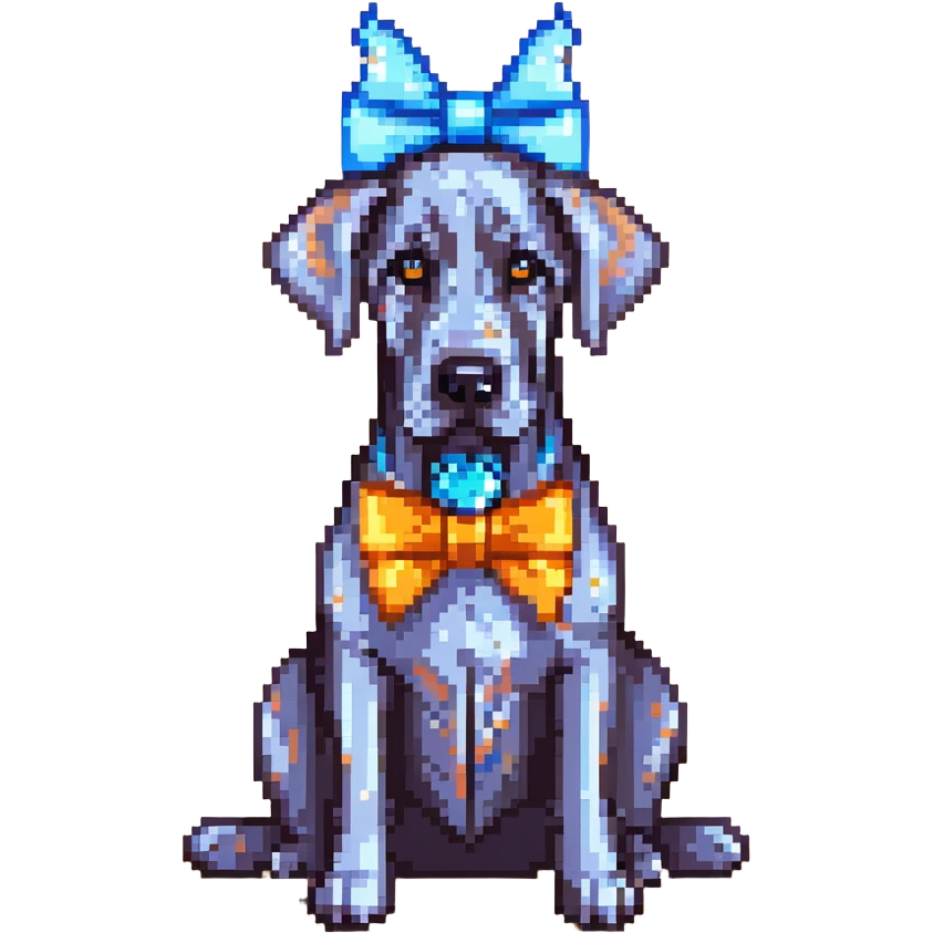 Blue Great Dane dog with a sparkly bow on its ear, pixel art style emoji
