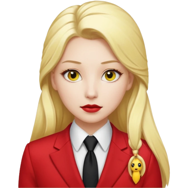 Woman with porcelain white skin, thick blonde hair that's in a thick, long ponytail, has a black nose, yellow scleras, red pupils, and a red suit with a black tie. emoji