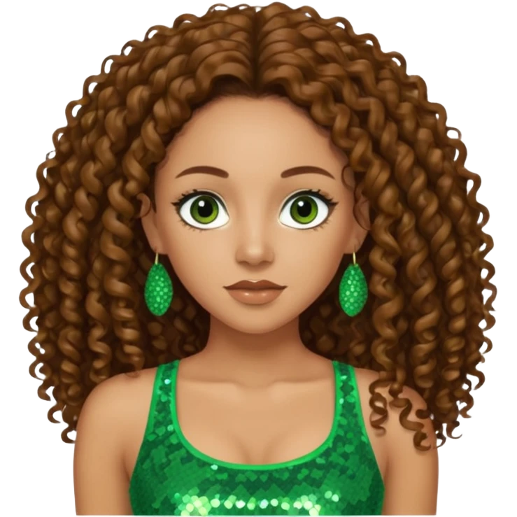 Melanie Brown with long brown curly hair, green sequin crop top, brown eye emoji