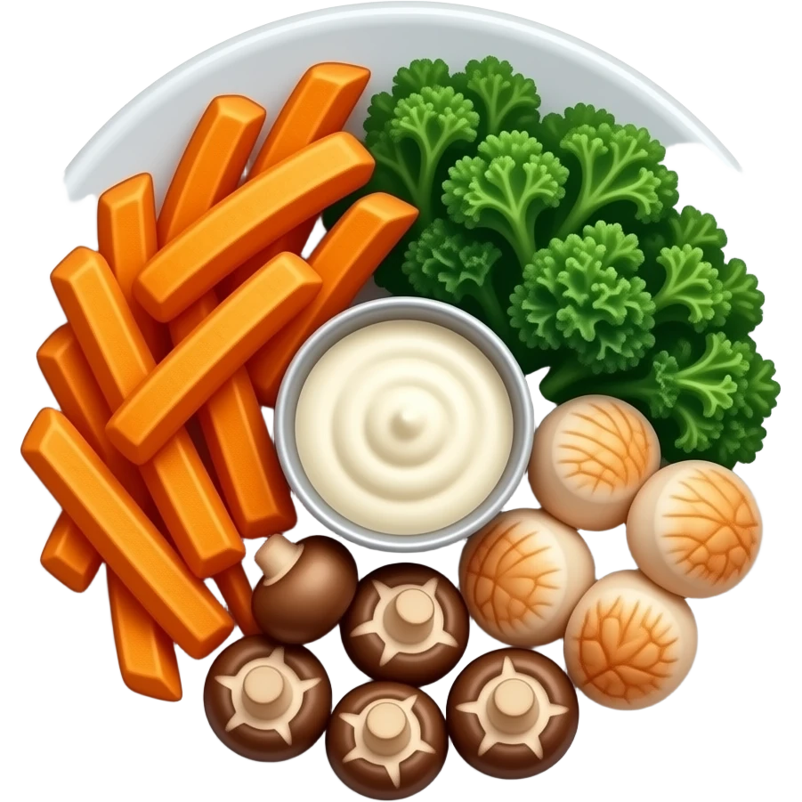 Realistic plate of sweet potato fries, kale, scallops, mushrooms and sour cream emoji