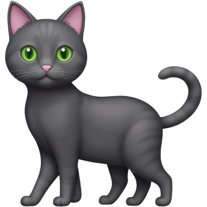full body gorgeous solid dark grey cat with green eyes, white paws and white whiskers walking emoji