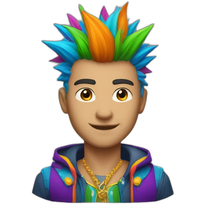 Envision a confident man sporting a vibrant, multicolored costume with spiky, bold hair, exuding a sense of individuality and charisma emoji