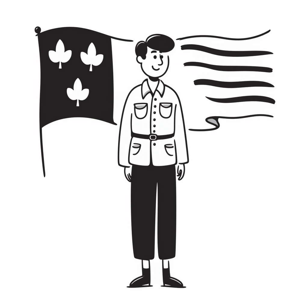 a military man with the flag of Quebec in the background, hand drawn doodle style emoji