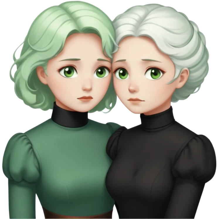 Two Victorian women with light green eyes in a sad, intimate embrace. One has bright white coiffed hair, the other has dark copper coiffed hair. Both wearing Victorian turtleneck dresses, hugging tightly emoji