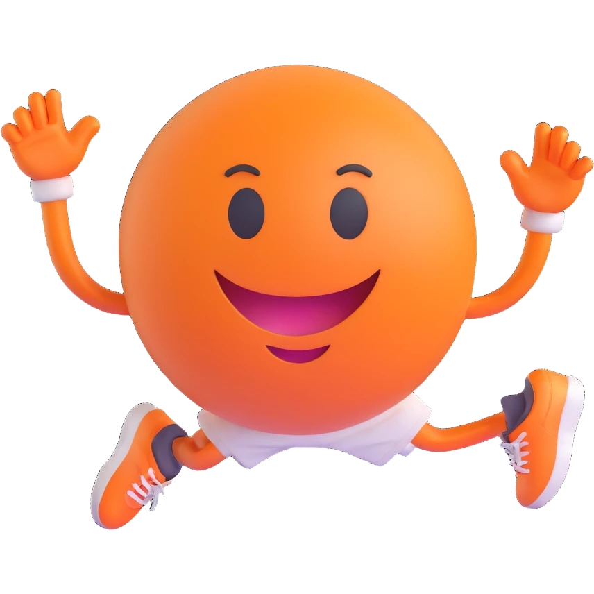 3D smiley emoji, round shape, student in sports gear, orange color, energetic face emoji