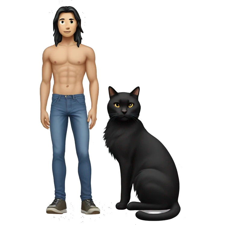 Skinny Model Long hair Asian man with abs holding black cat emoji