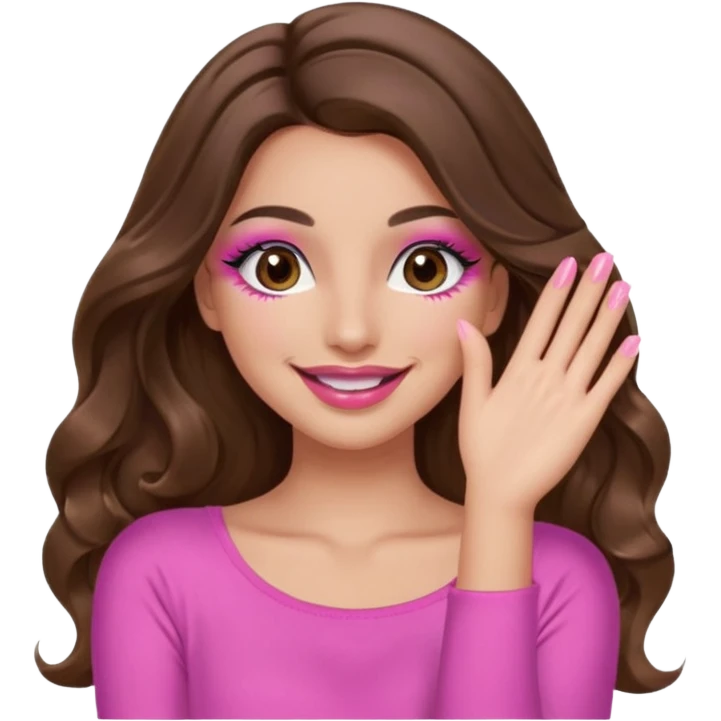 girl with long wavy brown hair, brown eyes, long lashes, makeup, sexy pink lips, light to medium complexion, wearing a pink sexy top, smiling, hands covering over the eyes emoji