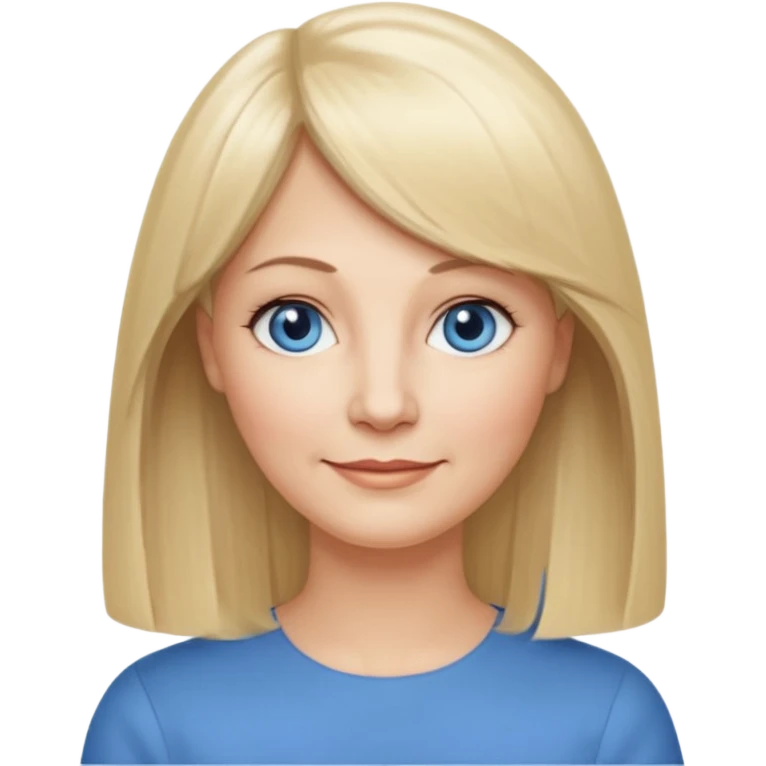 50 yr old white woman, center part bangs, very long straight blond hair, oval face, small smile, blue eyes, thin face, hair downback, hair parted at center of head, round cheeks, pale, longer hair emoji