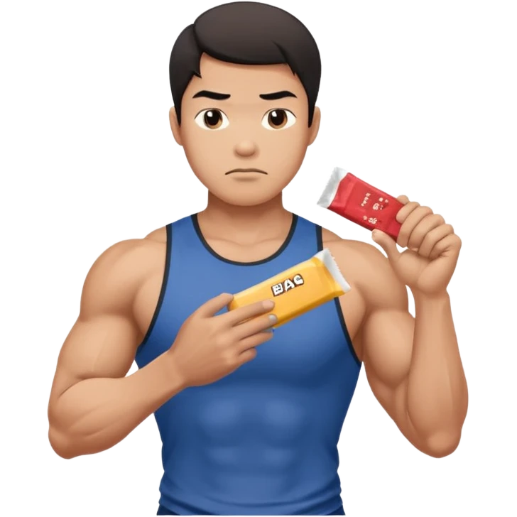 A asian male athlete holding a protein bar and frowning deeply emoji