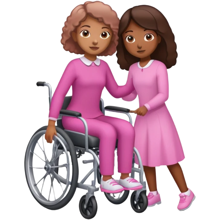 One tan skin sister standing behind her brown skin sister in a pink wheelchair emoji