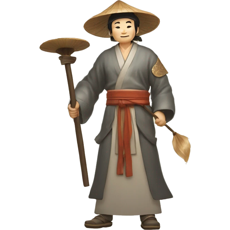 Lu Ban is a legendary figure in Chinese mythology, depicted as a clever craftsman often wearing wide robes, a broad-brimmed hat, and carrying woodworking tools. 🛠️🎩👕 emoji