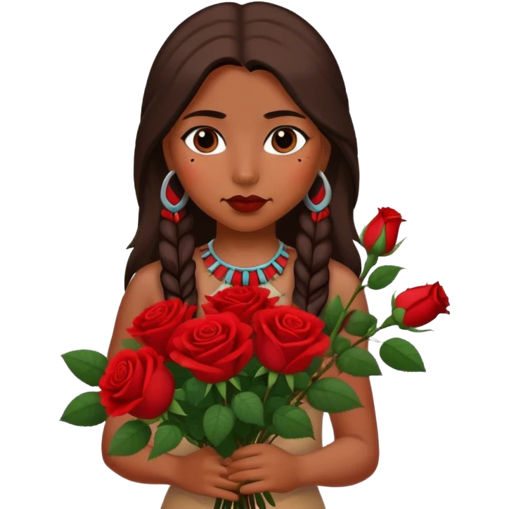 Native American girl with bouquet of red roses emoji