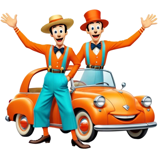 A vintage movie poster-style design with two goofy characters in outrageous outfits, showing exaggerated, silly expressions. Include elements like a goofy car, ridiculous props, and comical facial expressions. Retro comedic style with vibrant colors. Transparent background. emoji