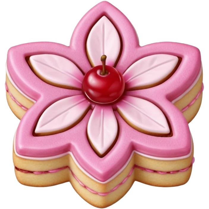 Realistic shortbread cookie in the shape of a cherry blossom with pale pink color jelly middle filling and sprinkled powder sugar on top. emoji