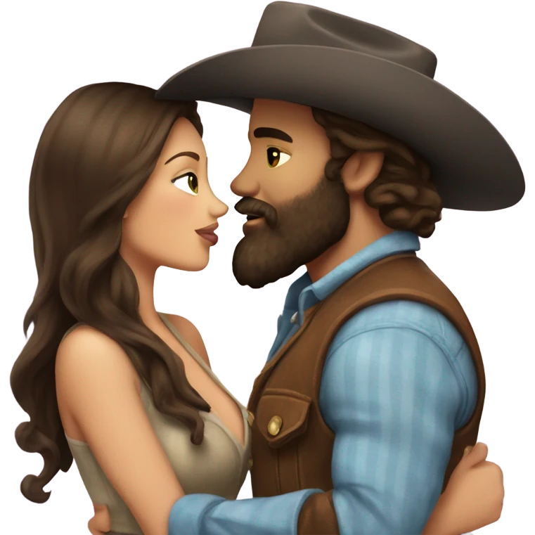 Tall bearded cowboy kissing curvy beautiful brunette  emoji