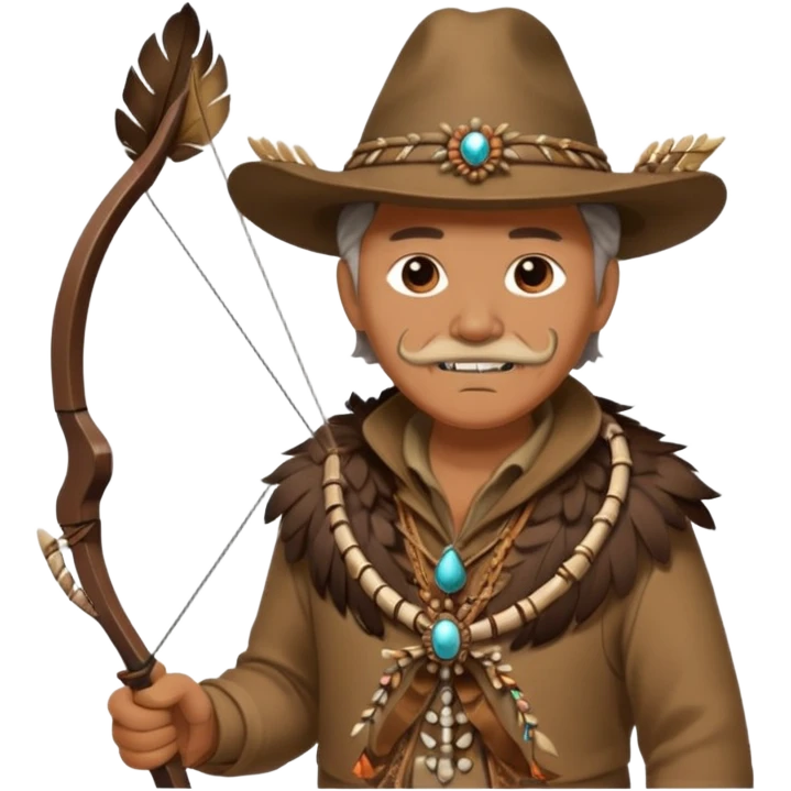 The classic image of a middle-aged uncle hunter carrying a bow, dressed in brown clothes, with some ornaments made of feathers, bones or teeth on his body. emoji