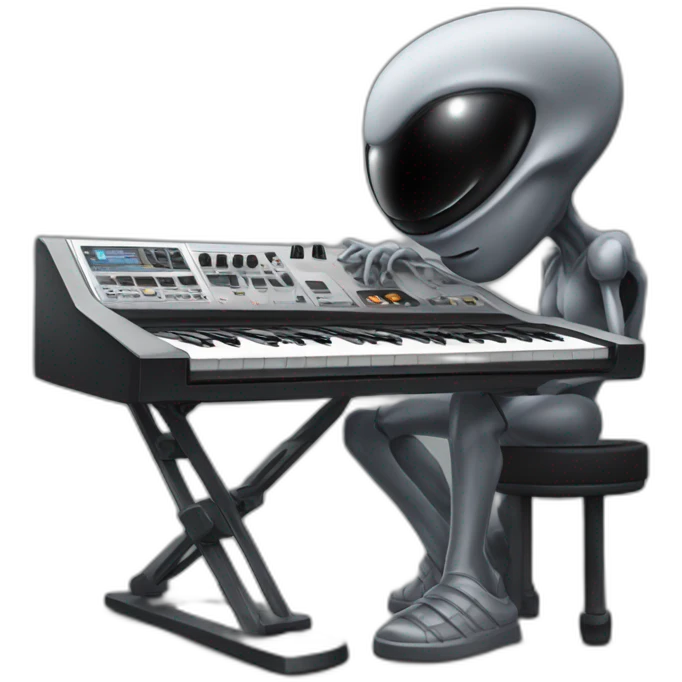 A Classic emoji of grey Big black eyed Alien playing in front of an AKAI MPC XL emoji