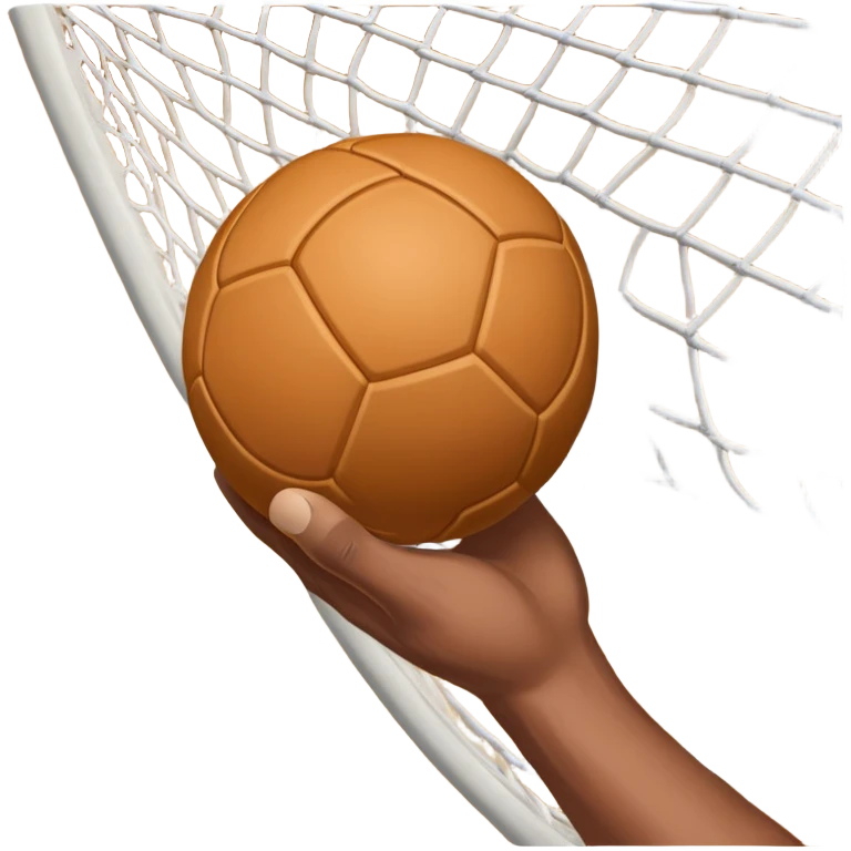 A close-up of a hand gripping a handball, with the handball gates visible in the background. The focus is on the texture of the ball and the strength of the grip, with the goal net slightly blurred to emphasize the anticipation of the throw. emoji