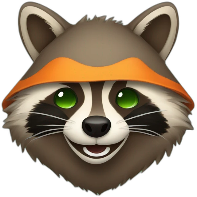 brown raccoon with orange eyes and a dark green hood that is laughing emoji