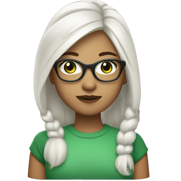 Girl with silver glasses, green eyes, shoulder light hair left side being white and right side being black emoji